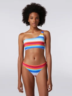 Bikini à épaule dénudée en nylon extensible à imprimé zig zag