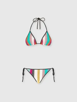 Bikini triangle en maille côtelée rayée lamée