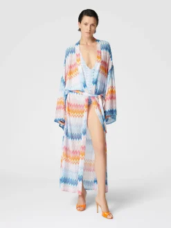 Cache-kimono en viscose mélangée lamé zigzag avec ceinture à la taille
