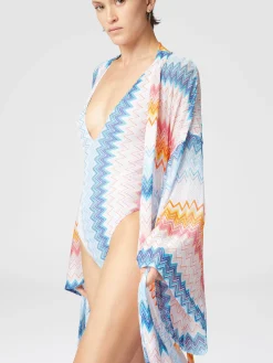 Cache-kimono en viscose mélangée lamé zigzag avec ceinture à la taille