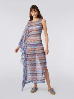 Cache-maillot long en tulle de viscose à chevrons et franges