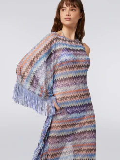 Cache-maillot long en tulle de viscose à chevrons et franges