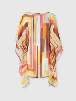 Caftan court en soie imprimée à manches larges