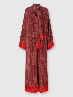 Caftan en zigzag à sequins et col en V et écharpe amovible à franges