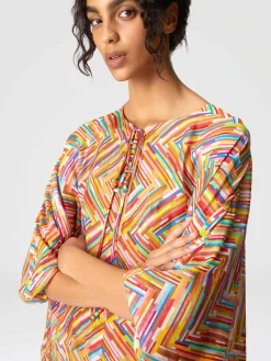 Caftan long en coton et soie mélangés imprimés