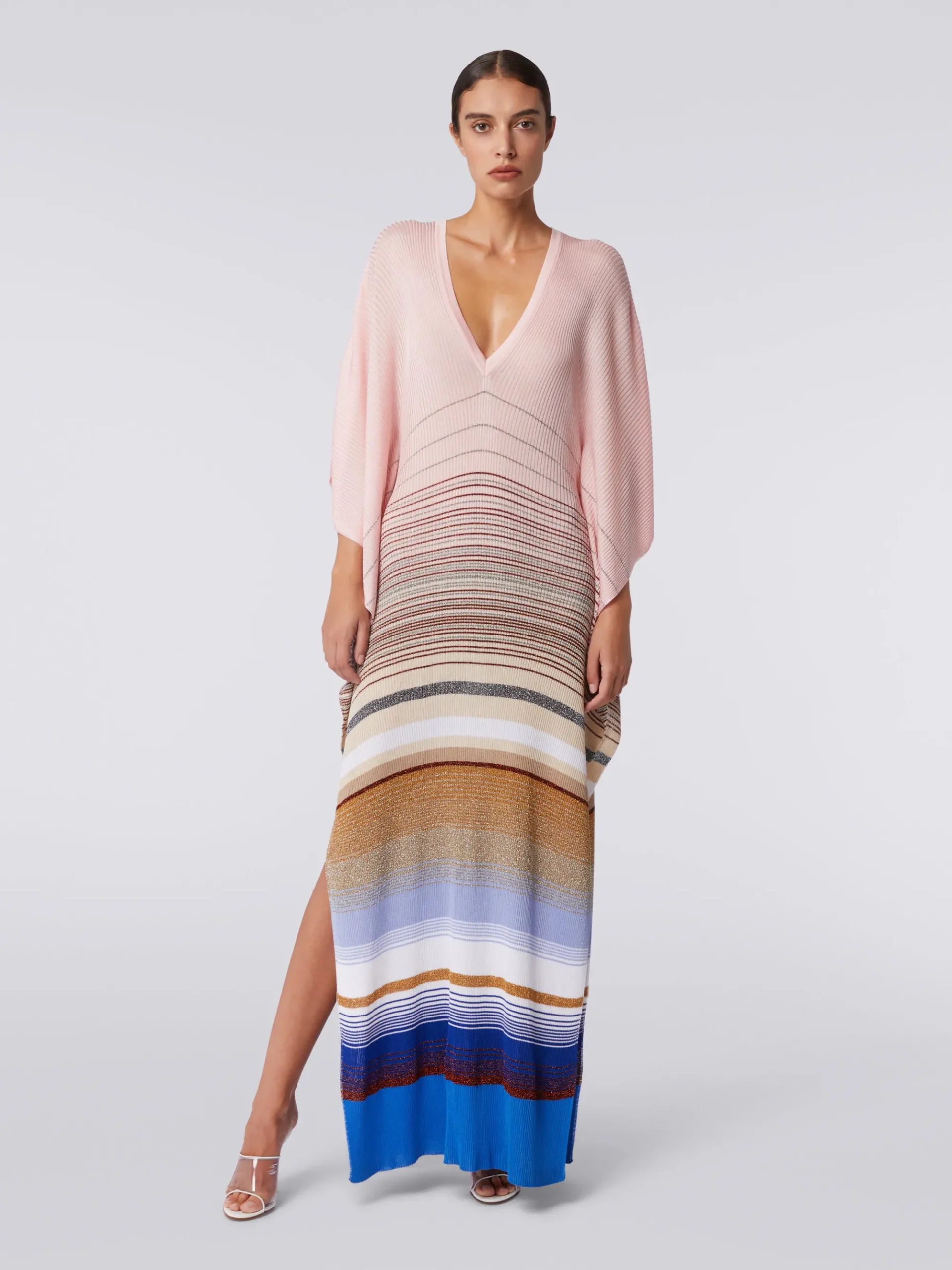 Caftan long en maille côtelée rayée avec lurex