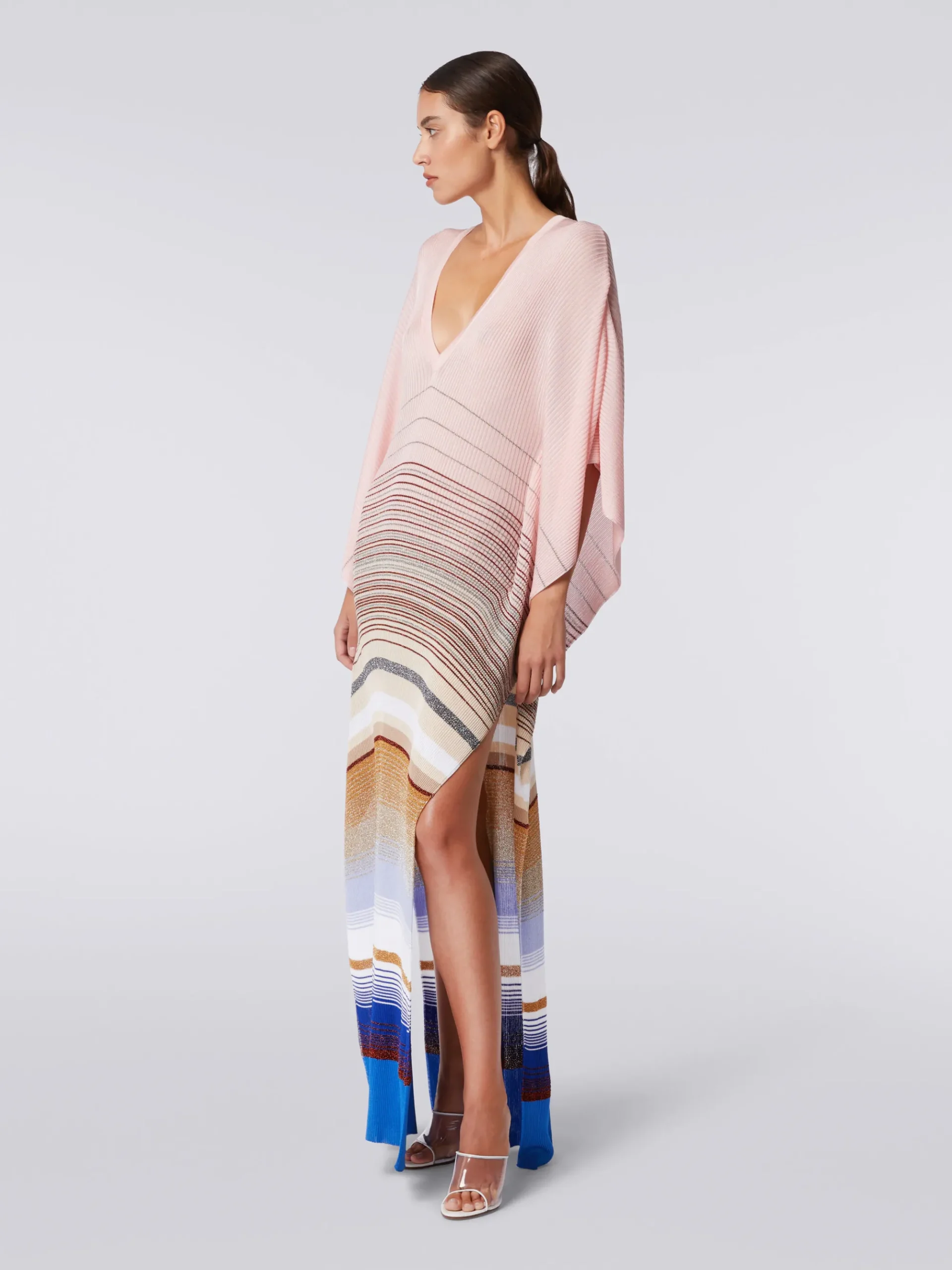 Caftan long en maille côtelée rayée avec lurex