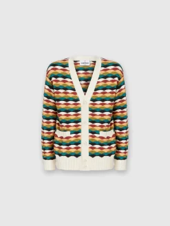 Cardigan en coton mélangé à motif vagues et passepoil contrasté