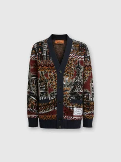 Cardigan en laine mélangée jacquard à motif carte postale