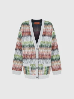 Cardigan oversize en maille zigzag dégradée avec paillettes et poches sur le devant