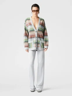 Cardigan oversize en maille zigzag dégradée avec paillettes et poches sur le devant