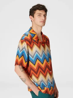 Chemise bowling en viscose avec macro zigzag et poche poitrine