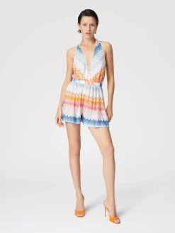 Combinaison courte en viscose mélangée zig zag lamé avec col en V