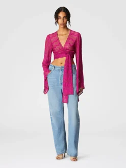 Crop top à manches larges et nœud sur le devant en viscose lamé zigzag