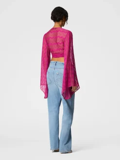 Crop top à manches larges et nœud sur le devant en viscose lamé zigzag
