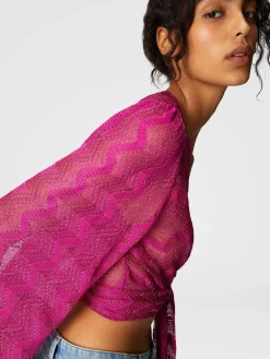 Crop top à manches larges et nœud sur le devant en viscose lamé zigzag