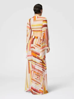 Crop top en soie imprimée à manches larges et nœud sur le devant