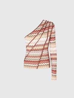 Haut à une épaule avec motif en zigzag lamé dentelé et côtes