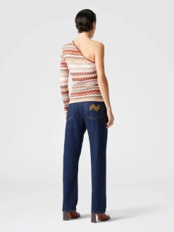 Haut à une épaule avec motif en zigzag lamé dentelé et côtes