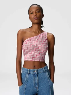 Haut en tulle de viscose mélangé à une épaule avec zigzag flammé