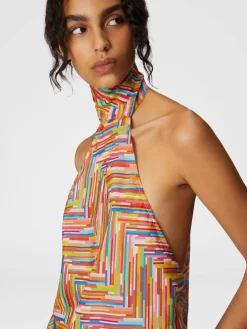 Haut sans manches à col roulé en coton et soie mélangés imprimés