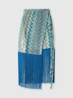 Jupe paréo en viscose lamée zig zag avec paillettes et franges