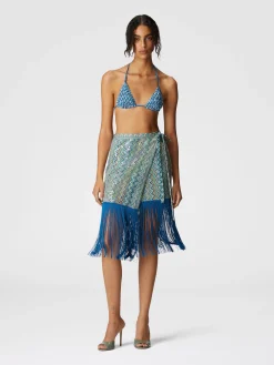 Jupe paréo en viscose lamée zig zag avec paillettes et franges