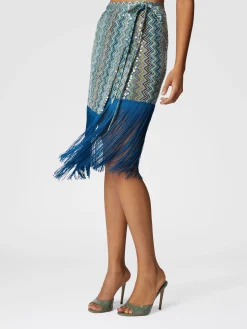 Jupe paréo en viscose lamée zig zag avec paillettes et franges