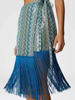 Jupe paréo en viscose lamée zig zag avec paillettes et franges