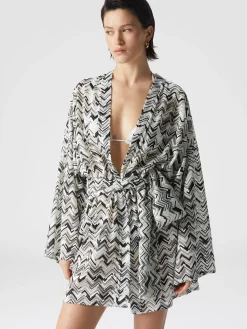 Kimono couvrant en viscose mélangée zigzag flammé avec ceinture