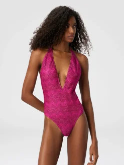 Maillot de bain une pièce col V en viscose lamé zigzag