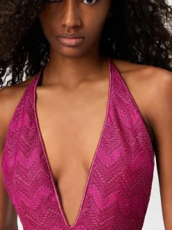 Maillot de bain une pièce col V en viscose lamé zigzag