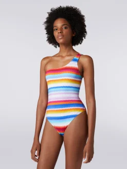Maillot de bain une pièce à épaule dénudée et imprimé à zig zag