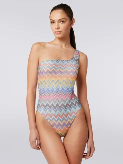 Maillot de bain une pièce une épaule avec imprimé zig-zag et lurex