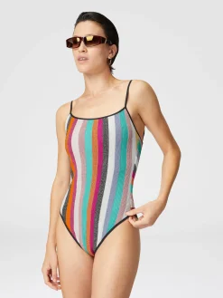 Maillot de bain une pièce en maille lamée côtelée rayée