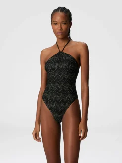 Maillot de bain une pièce en viscose lamé zig zag à col licou