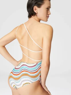 Maillot de bain une pièce asymétrique avec motif vague lamé et détail découpé