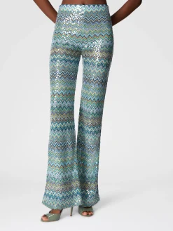 Pantalon flare en viscose lamé zigzag avec paillettes et franges