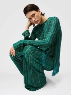 Pantalon évasé en viscose mélangée zigzag avec paillettes