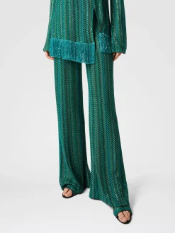 Pantalon évasé en viscose mélangée zigzag avec paillettes