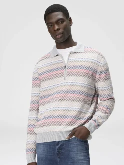 Polo à manches longues en maille zig zag avec col demi-zippé