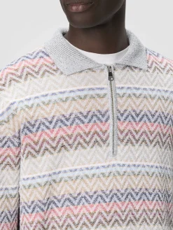 Polo à manches longues en maille zig zag avec col demi-zippé