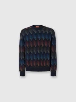 Pull à col rond en coton mélangé dégradé à chevrons avec passepoil contrasté