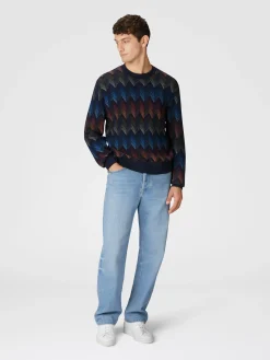 Pull à col rond en coton mélangé dégradé à chevrons avec passepoil contrasté