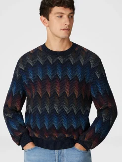 Pull à col rond en coton mélangé dégradé à chevrons avec passepoil contrasté