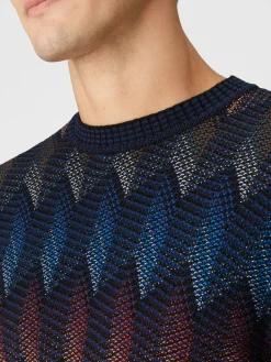 Pull à col rond en coton mélangé dégradé à chevrons avec passepoil contrasté