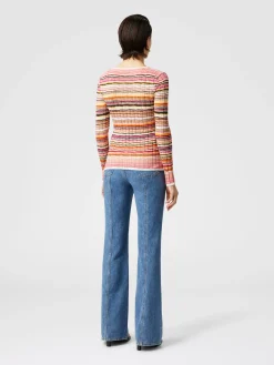 Pull côtelé rayé en coton et viscose à manches longues