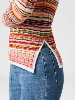 Pull côtelé rayé en coton et viscose à manches longues