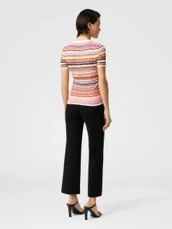 Pull côtelé rayé en coton et viscose à manches trois-quarts