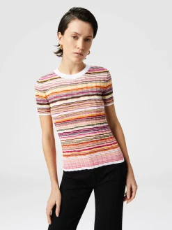 Pull côtelé rayé en coton et viscose à manches trois-quarts